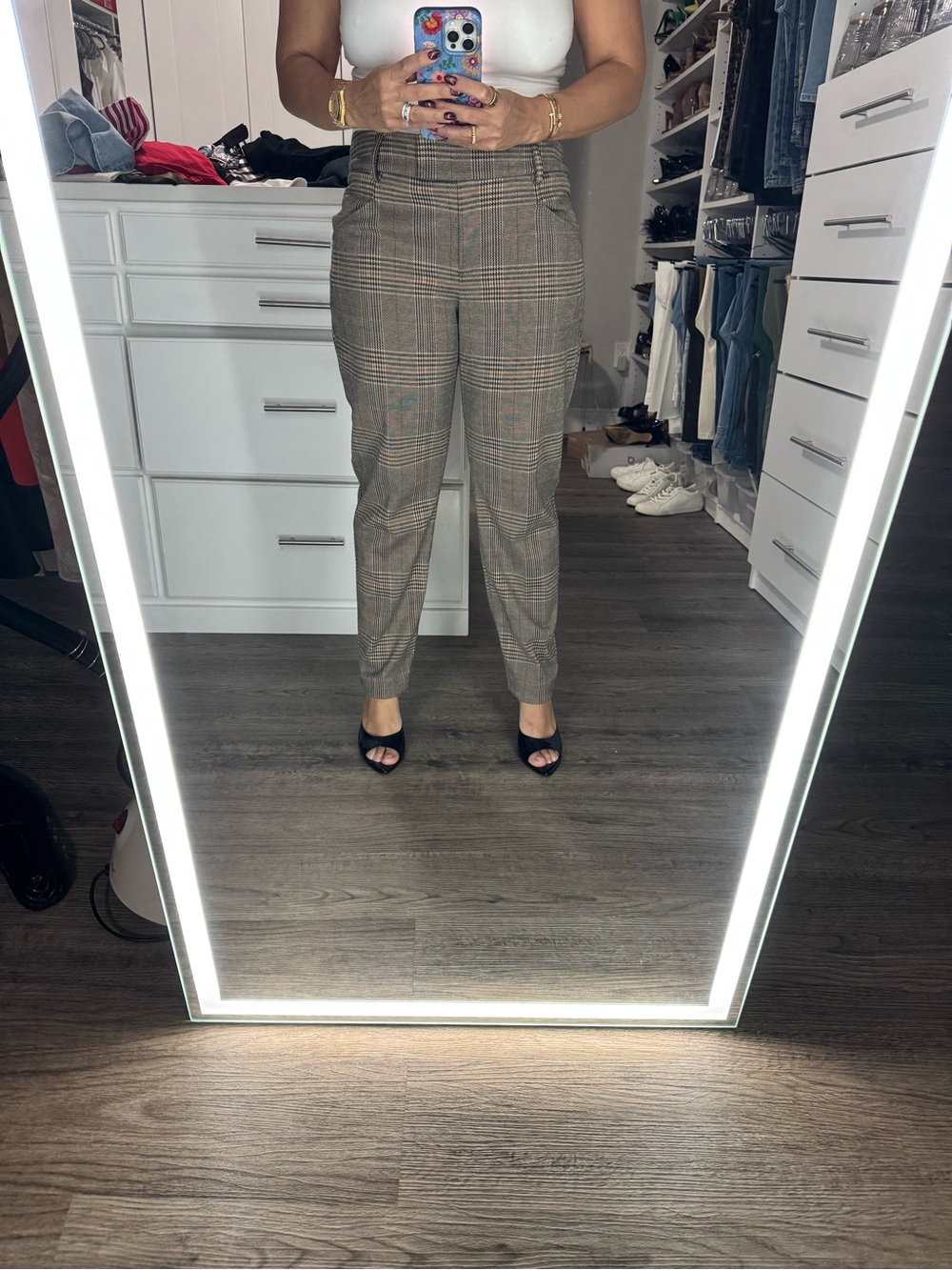 Express Plaid Straight Leg Ankle Pants - Brown/Gray